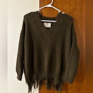 Olive Knit Sweater with Fringe Hem